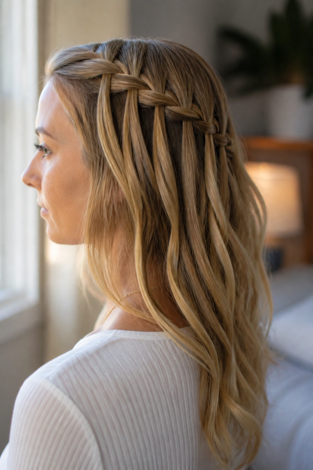 Side-profile of a real woman with a waterfall braid cascading along the back.