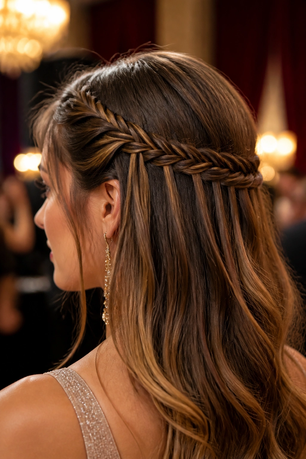 Close-up of a real woman with a waterfall-fishtail hybrid braid cascading across the head.