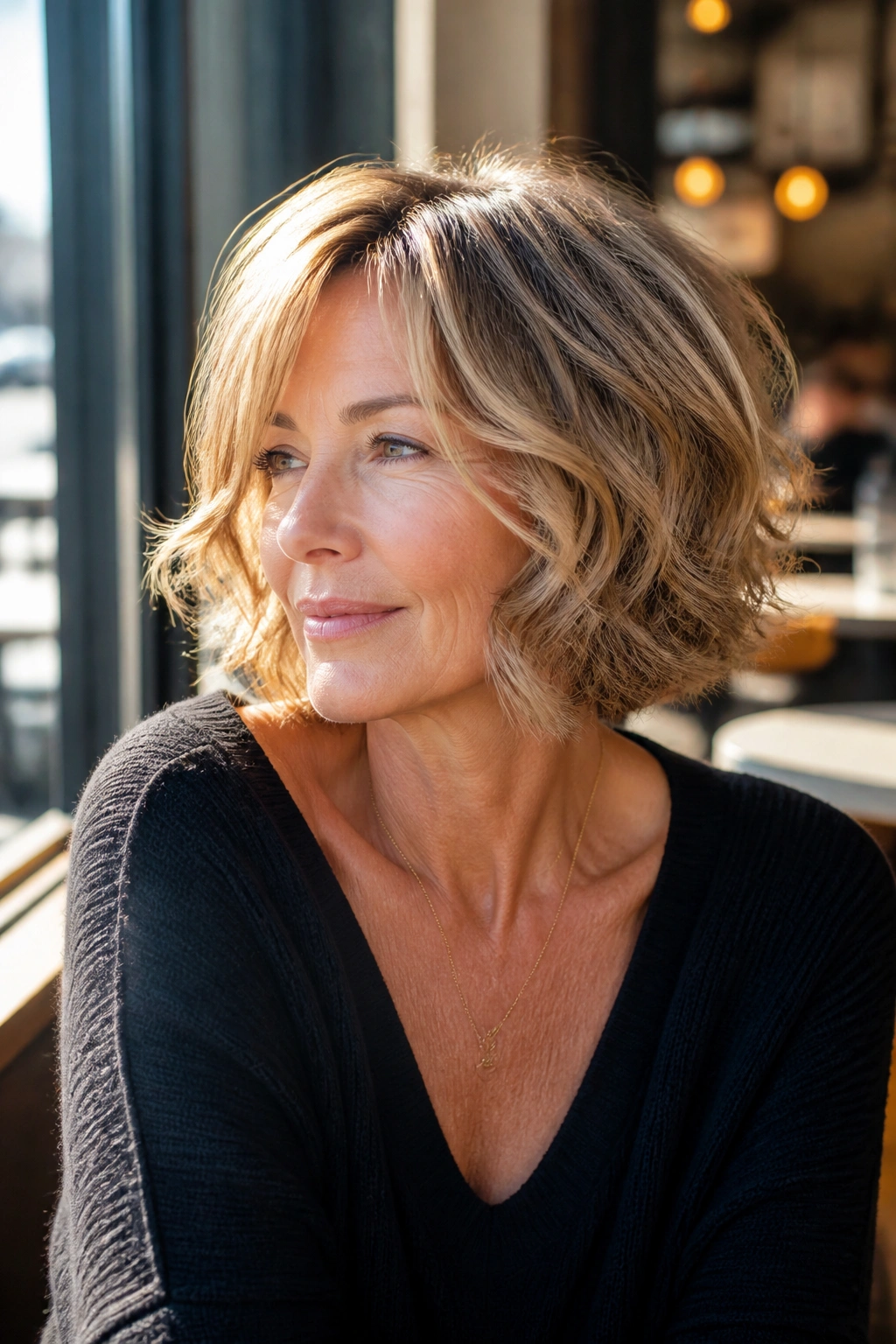 Portrait of a real woman with a wavy bob and razor-lite ends in natural sunlight