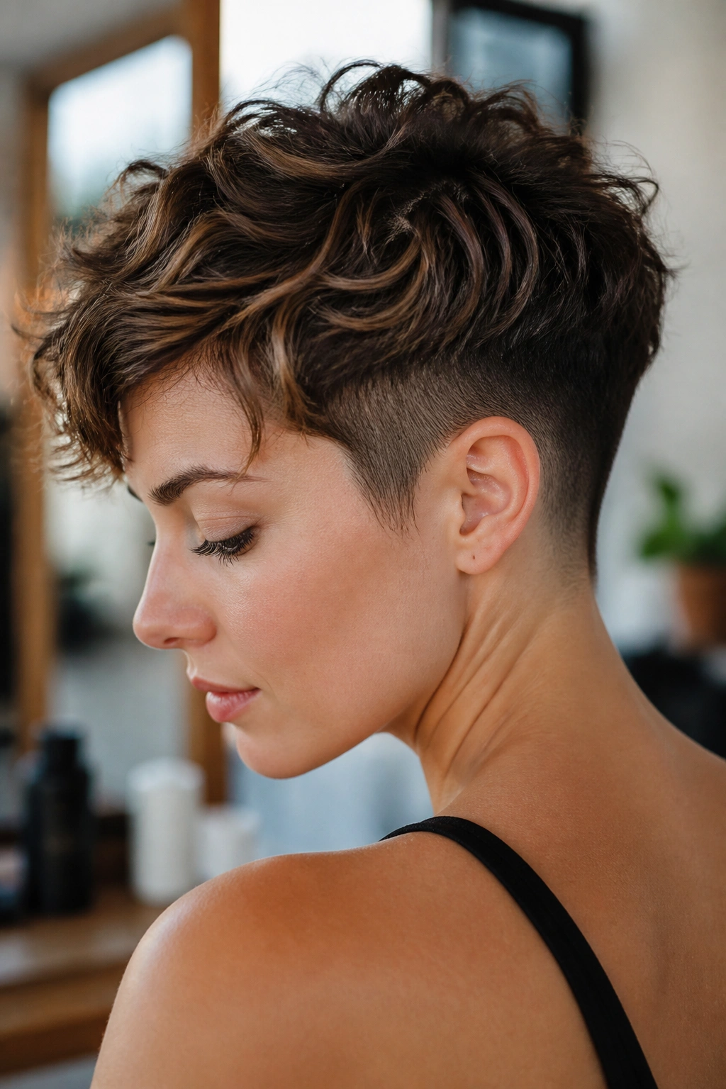 Close-up of a real woman with a wavy pixie and undercut in natural light