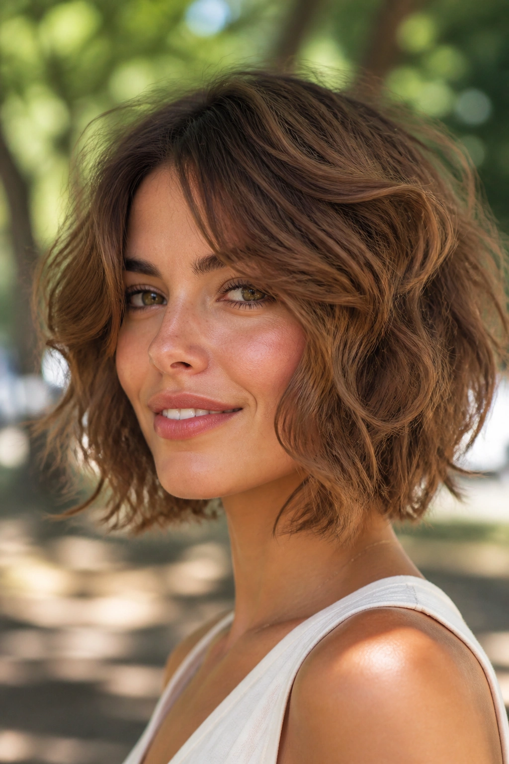 Close-up of a real person with a wavy shag bob and soft face framing in a sunlit park