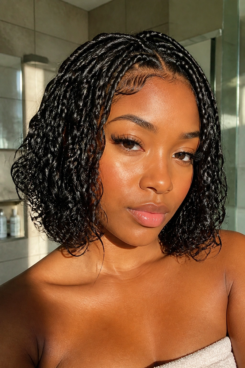 Close-up of a real woman with a glossy, damp-looking goddess bob.