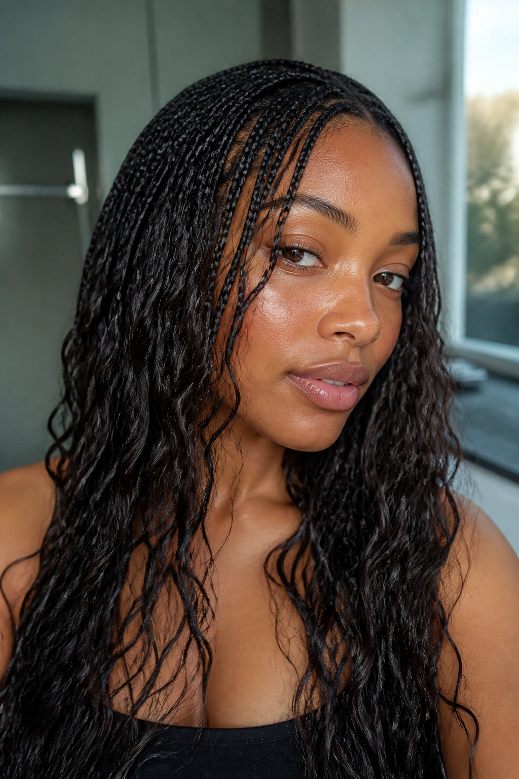 Real woman with wet and wavy micro braids in soft lighting