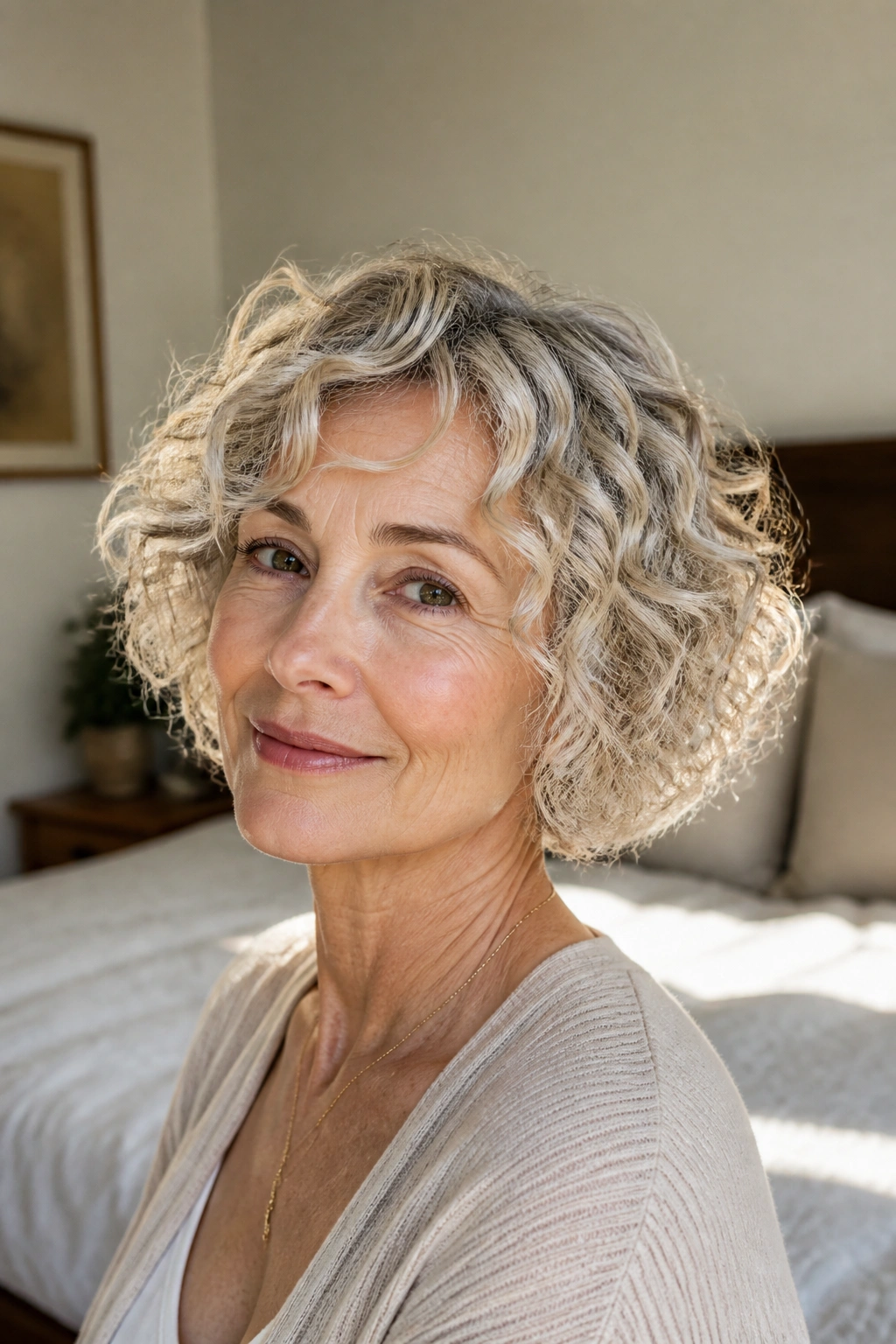 Real woman with wispy curly bob in sunlit bedroom