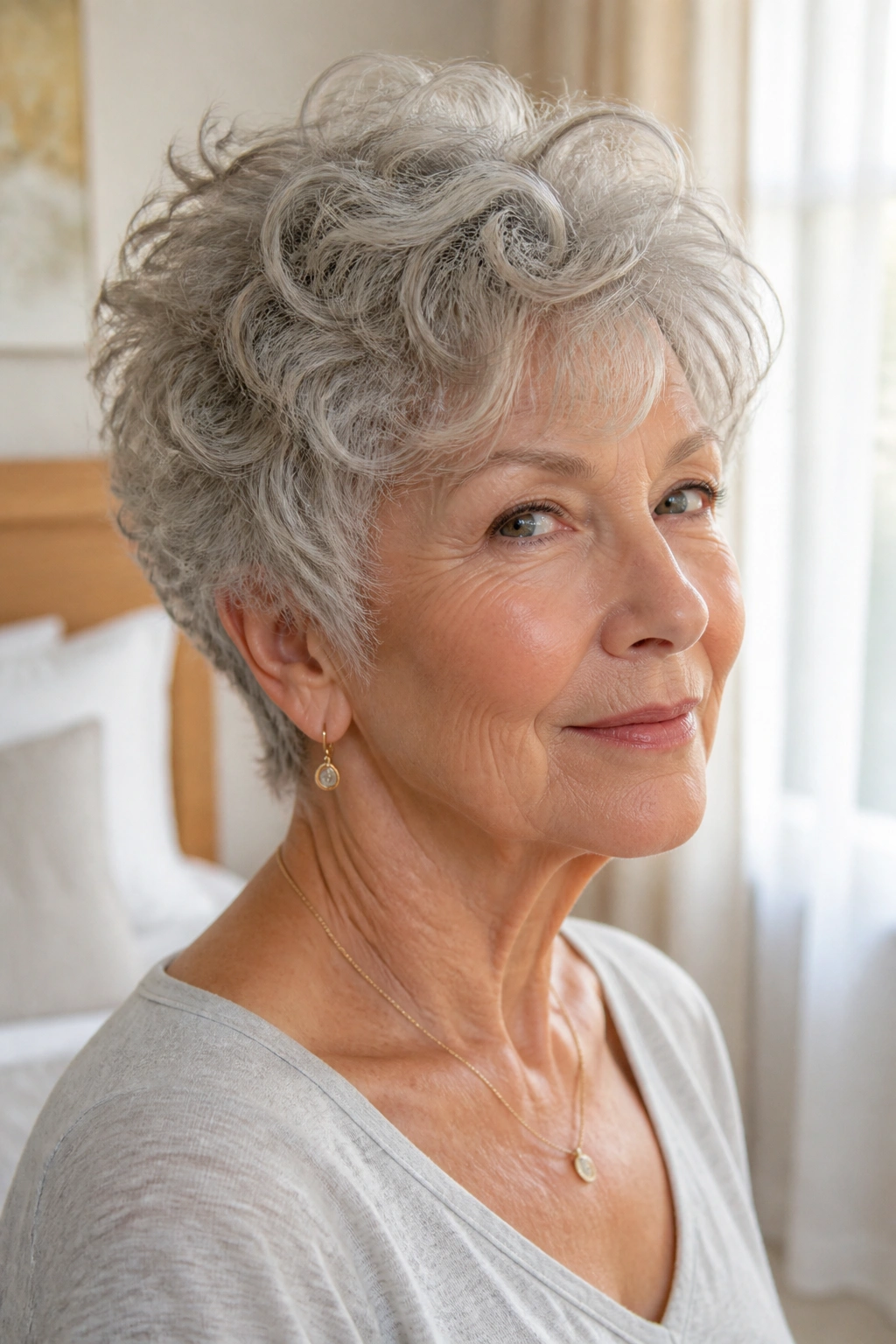 Portrait of an older woman with a wispy curly taper hairstyle.