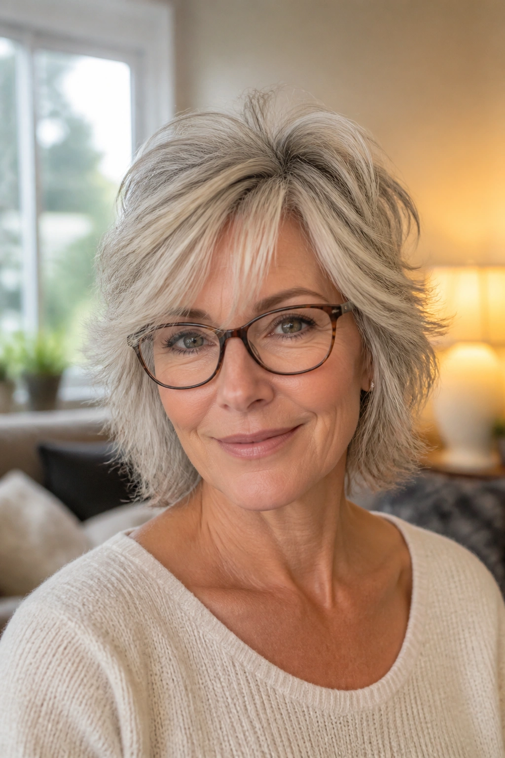 Close-up of a real woman with wispy feathered layers softly framing the face, wearing glasses.