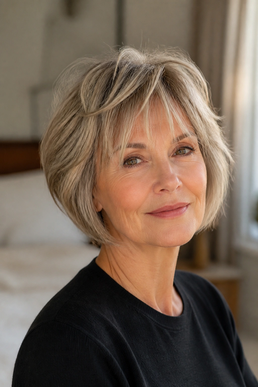 Woman wearing a bob with wispy fringe and light texture