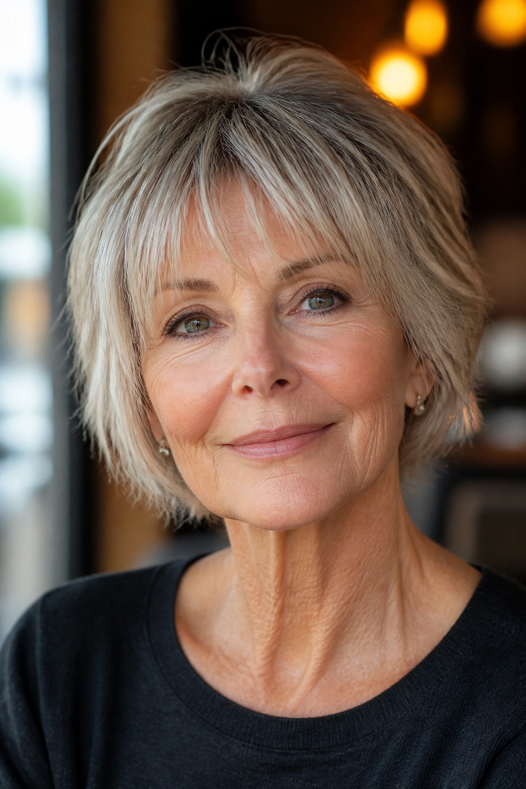 Portrait of an older woman with wispy fringe and tapered ends hairstyle