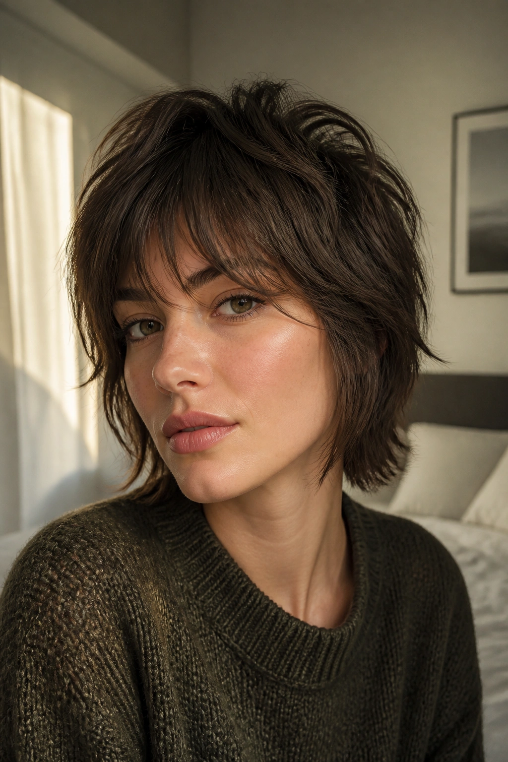 Close-up portrait of a woman with a wolf cut bob showing choppy layers and crown lift