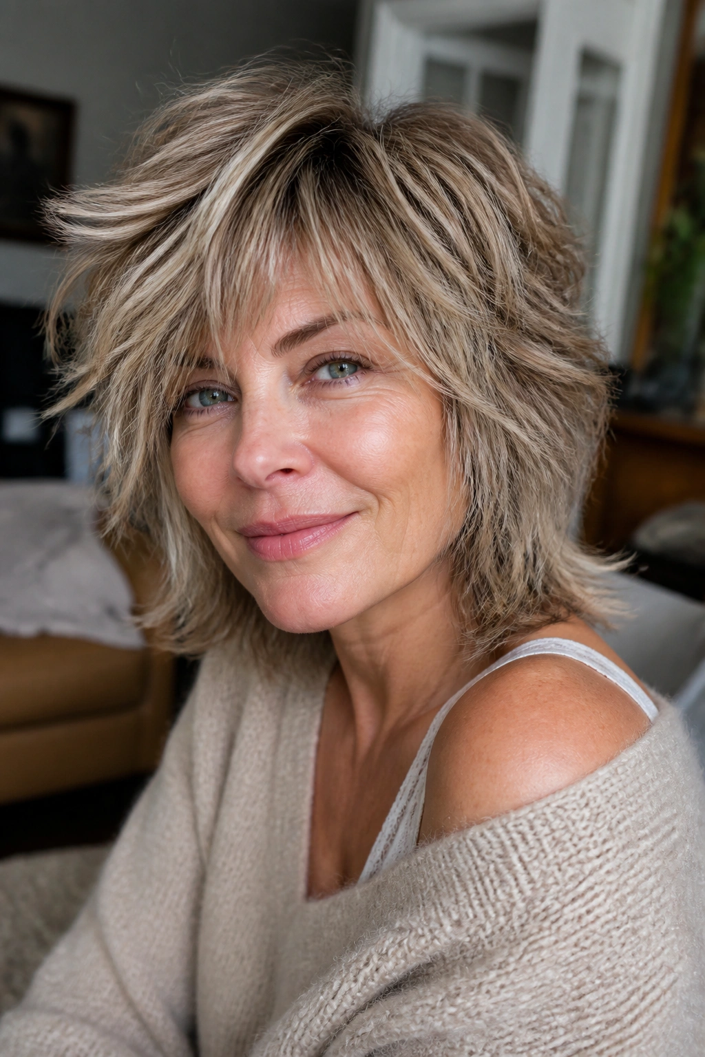 Portrait of woman with textured Wolf Cut Lite hairstyle in natural light