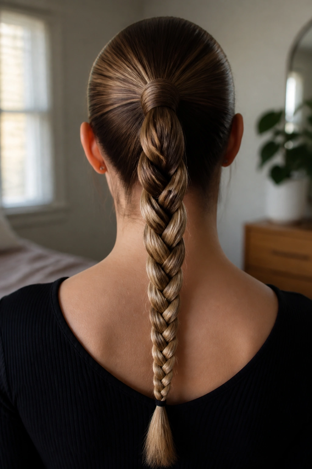 Back view of a real woman showing a wrapped base ponytail braid