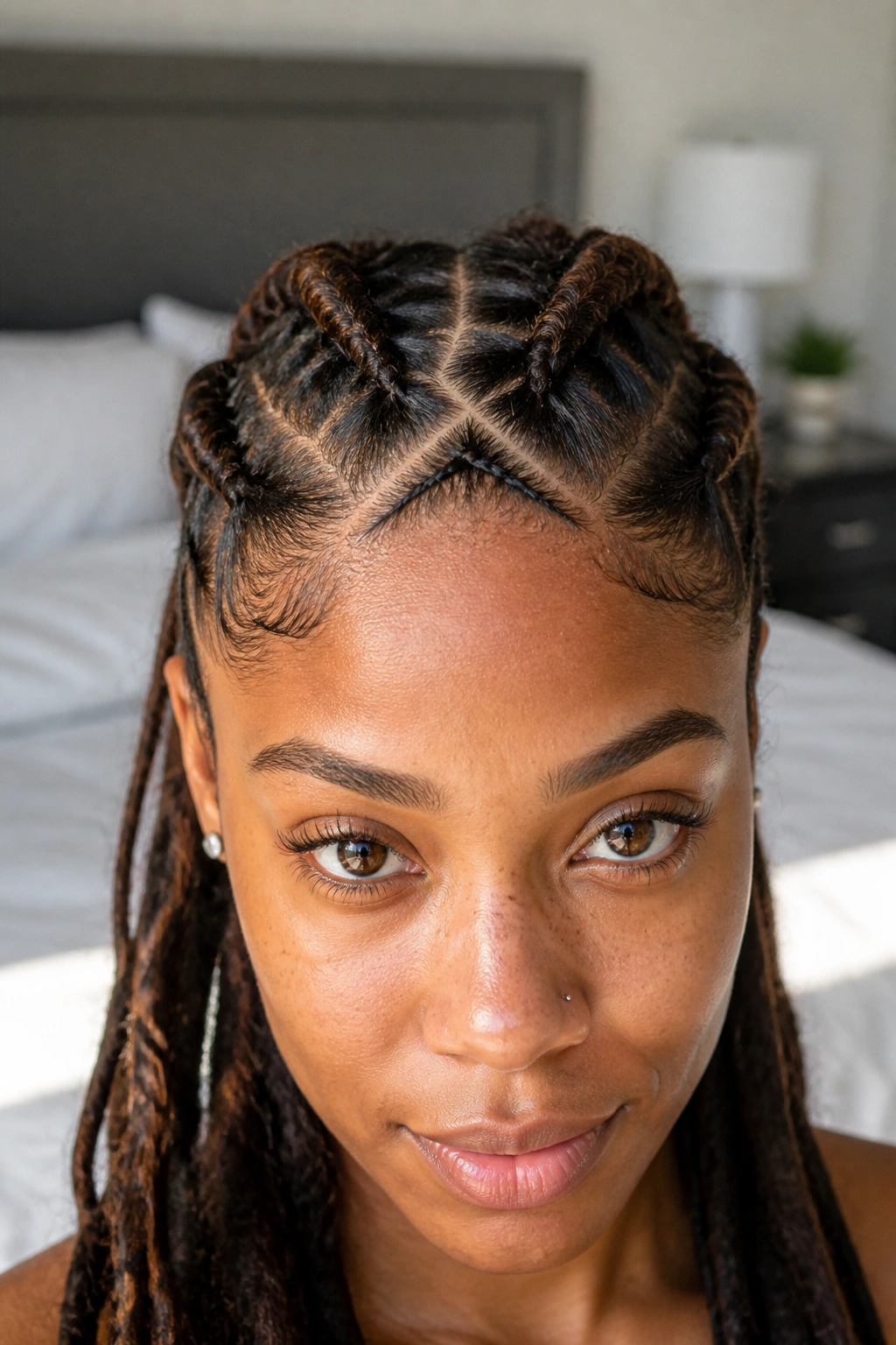 Portrait of a woman with an X-pattern feed-in braids on the forehead