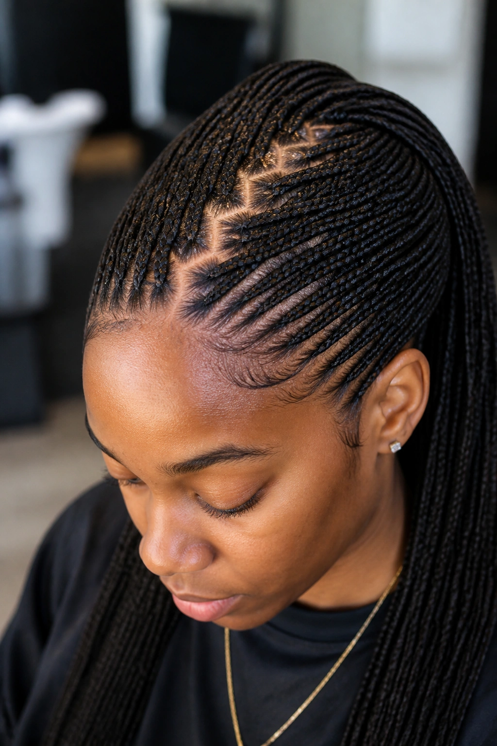 Portrait of a woman showing zig-zag parts in micro braids across the scalp