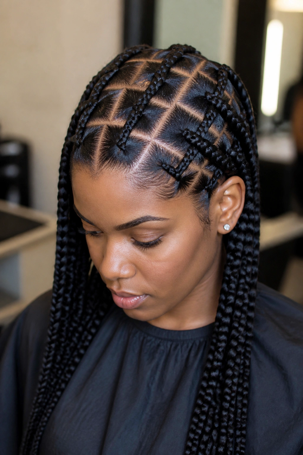 Close-up of zig-zag square hybrid braids on a real woman