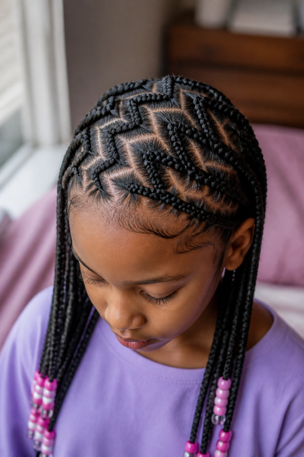 Close-up of a child with zig-zag parted feed-in braids on 4C hair.