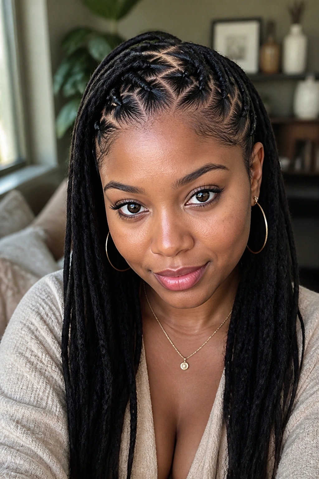 Close-up of a real woman with zig-zag parted braids on locs in natural window light