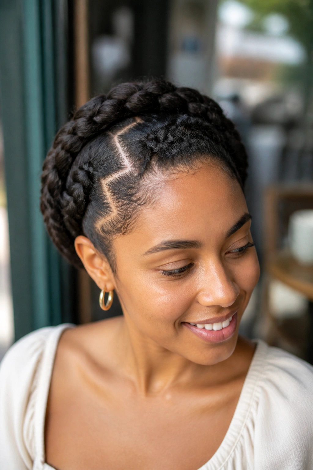 Close-up of halo hairstyle with zig-zag part along the scalp.