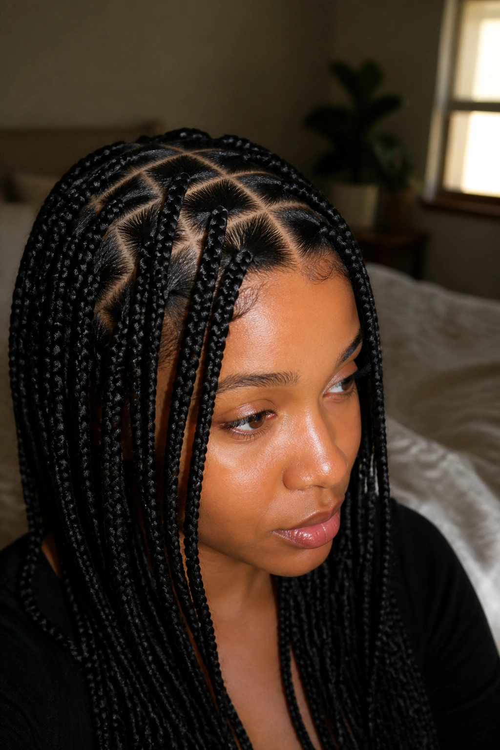 Close-up of a real woman's zig-zag parted knotless braids in warm window light
