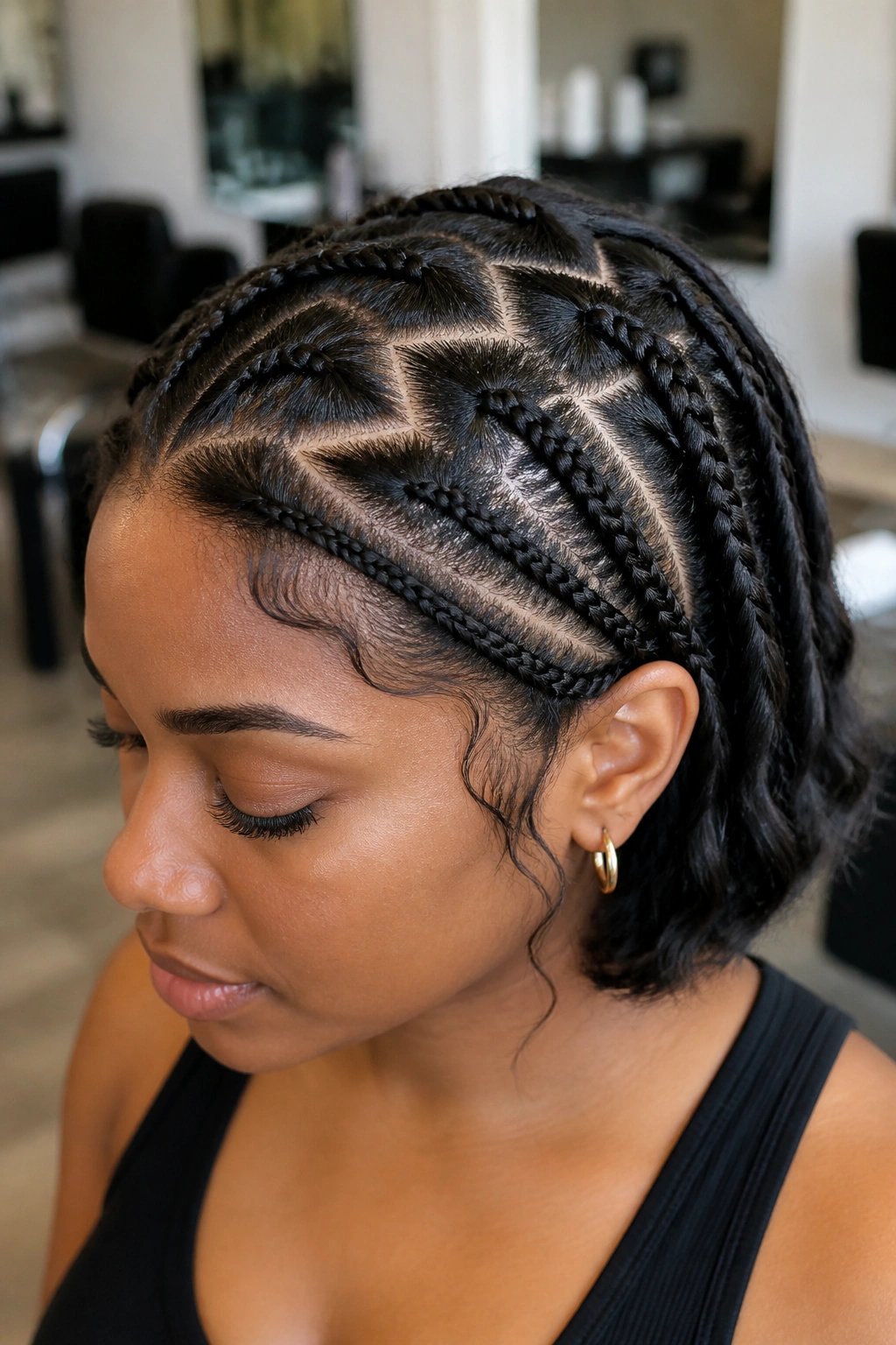 Close-up of a real woman showing a bold zig-zag lace part across the crown
