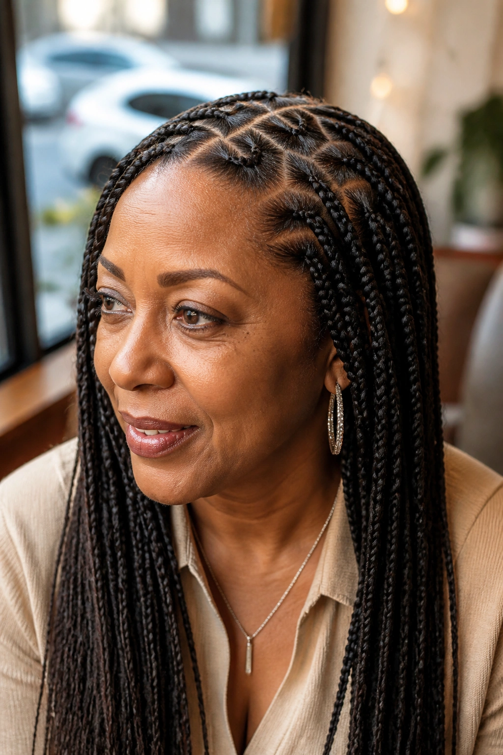 Box braids with a bold zig-zag part on a real woman