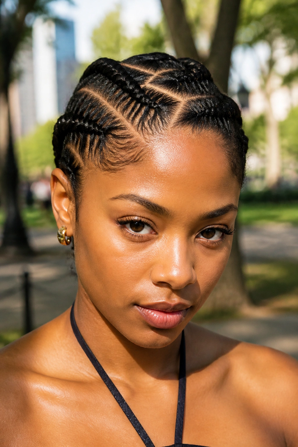 Real person with zig-zag parting French braids in an outdoor park setting