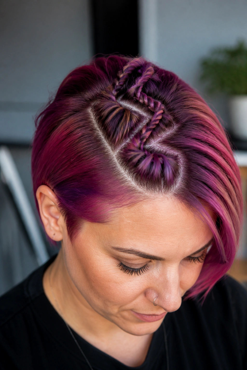 Real person with zig-zag parting and rope twists along the crown